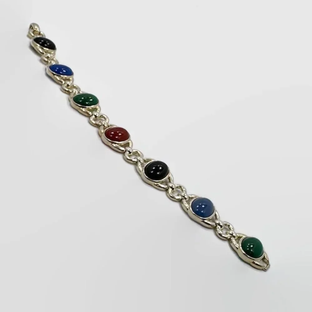 Stone Bracelet, Onyx, Calcedony, Green, Black, Sterling Bracelet, Vintage,Mixed - Picture 6 of 6